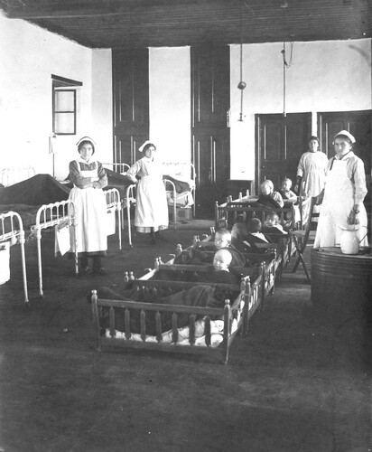 Attendants work in the children's' ward at the Annie Tracy Riggs Memorial Hospital, Harpoot, ca. 1919–1922