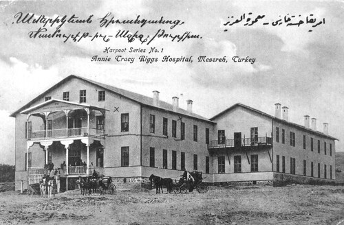 A printed card shows the Annie Tracy Riggs Hospital. Mezereh, undated.