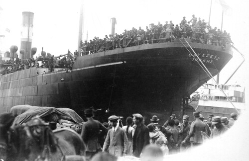 Passengers crowd the after decks of the Odysseus. Salonica, c. 1922-1923.