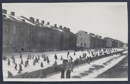 Orphans cross the snow between the barracks. Alexandropol, c. 1923–1926.