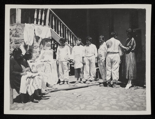 Boys in suits sewn from American flour sacks, Caucasus, 1920s