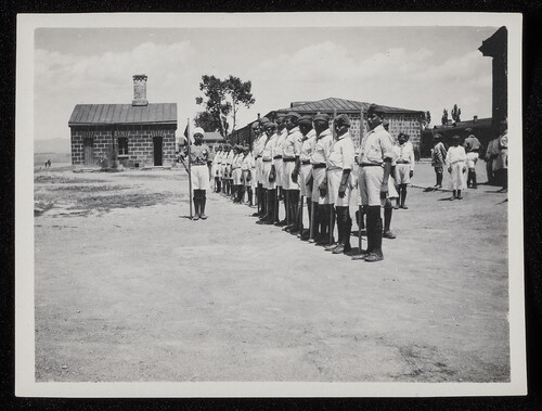 Uniformed orphan boys at drill with flag, Caucasus, 1920s