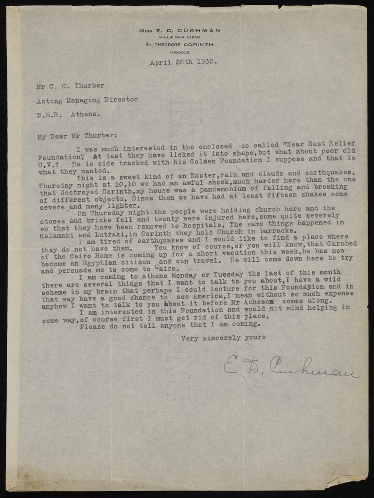 Emma Cushman writes of the earthquakes, Corinth, 1930