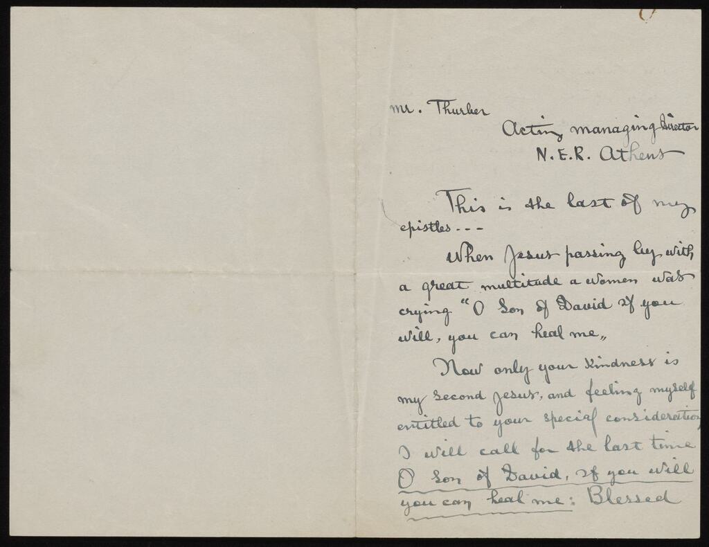 A supplicant's plea to Thurber, Athens, ca. 1930