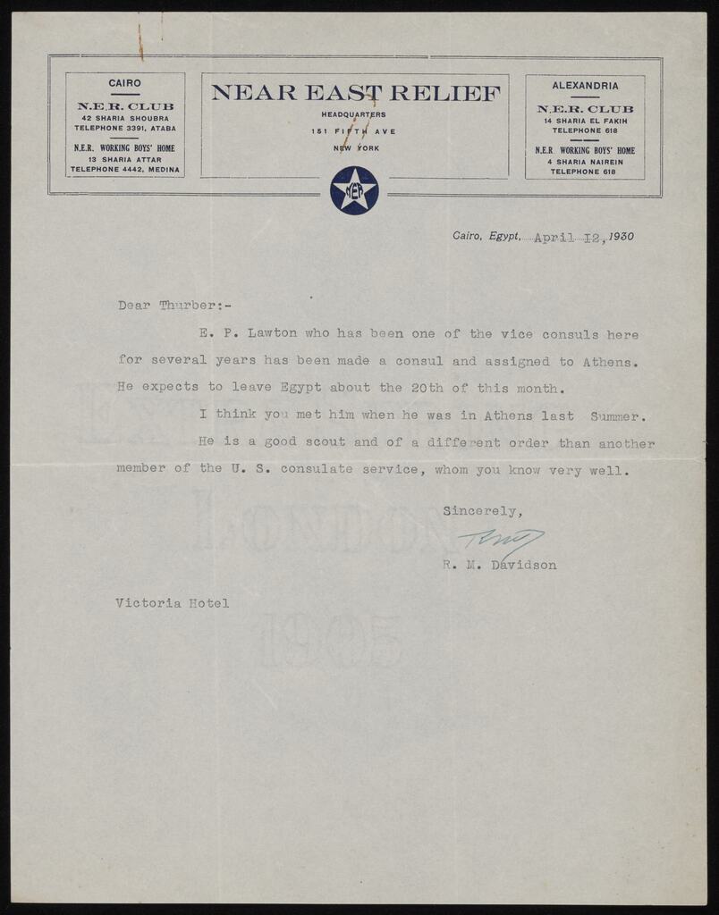 An NER colleague's note to Thurber, Cairo, 1930