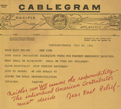 Cablegram from Harold Jaquith, Constantinople, July 20, 1921