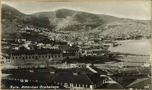 Postcard of the American Orphanage above the harbor, Syra