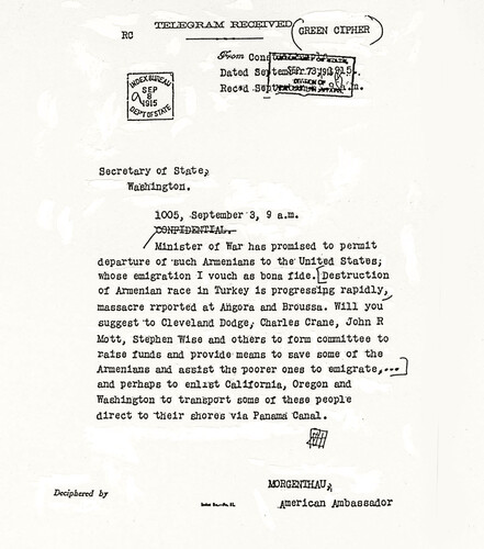 Morgenthau telegram to the U.S. Secretary of State, September 3, 1915