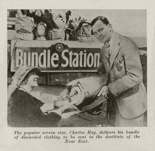 Silent film star Charles Ray contributes to Bundle Day, 1924