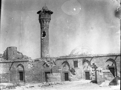 Mosque with shell damage to minaret, Marash