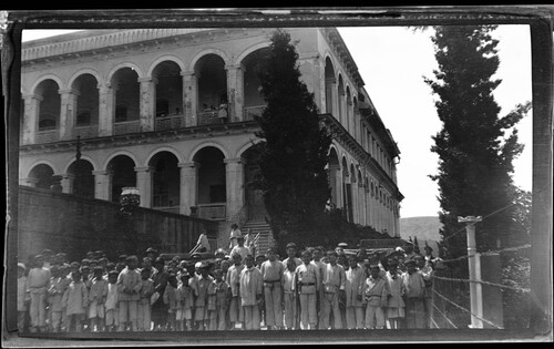 Boys and staff on the steps of the arcaded main building, Near East Relief boys’ orphanage, Anatolia College, Marsovan (Merzifon).