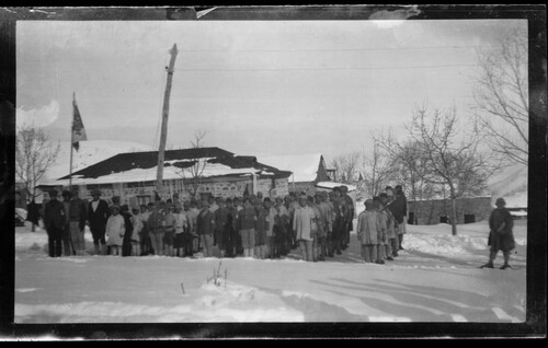 Orphans and supervisors assemble on snow-covered ground, Near East Relief boys’ orphanage, Marsovan (Merzifon).