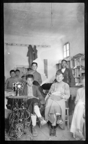 A tailoring workshop with boys at a treadle sewing machine, Near East Relief boys' orphanage, Marsovan (Merzifon)