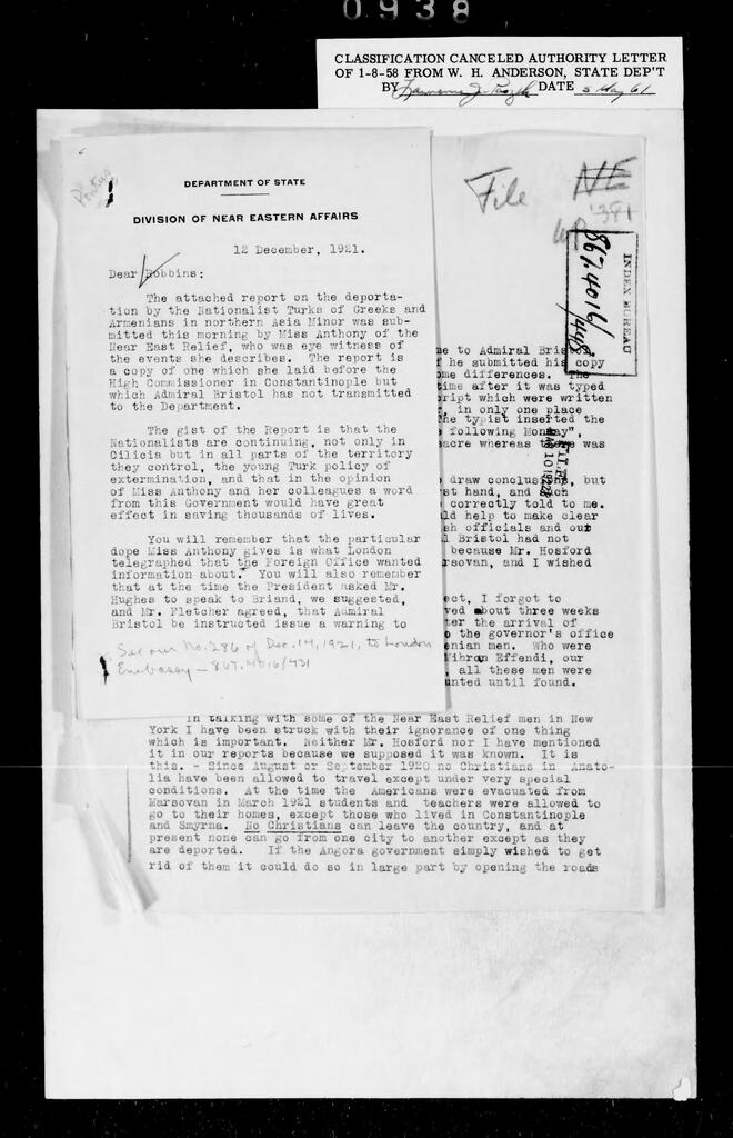 Gertrude Anthony, Report on Greek and Armenian deportations, Marsovan, November 1921
