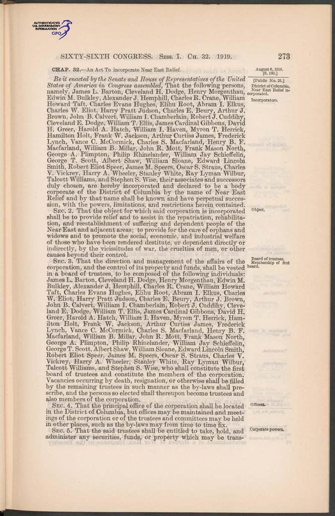 An Act to Incorporate Near East Relief (1919)