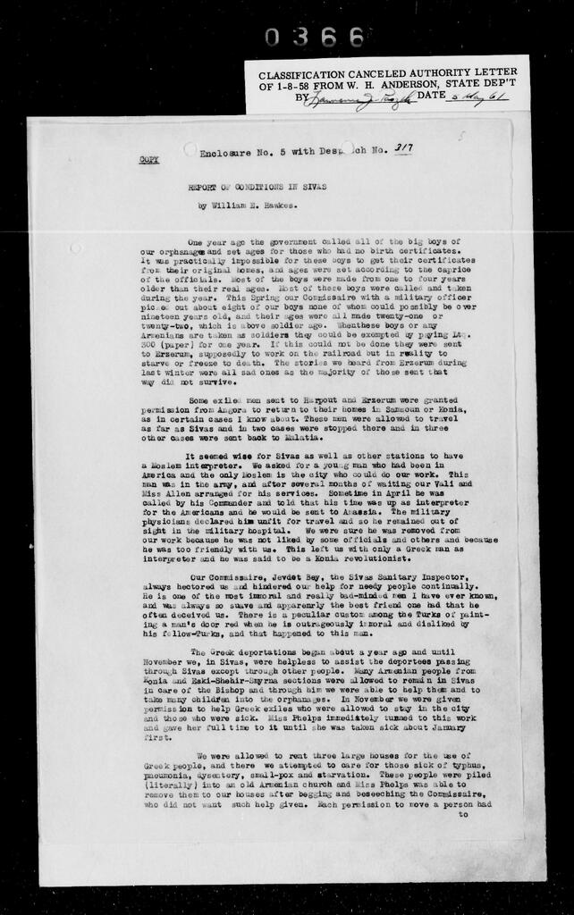 William E. Hawkes, Report on Conditions in Sivas (June 5, 1922)