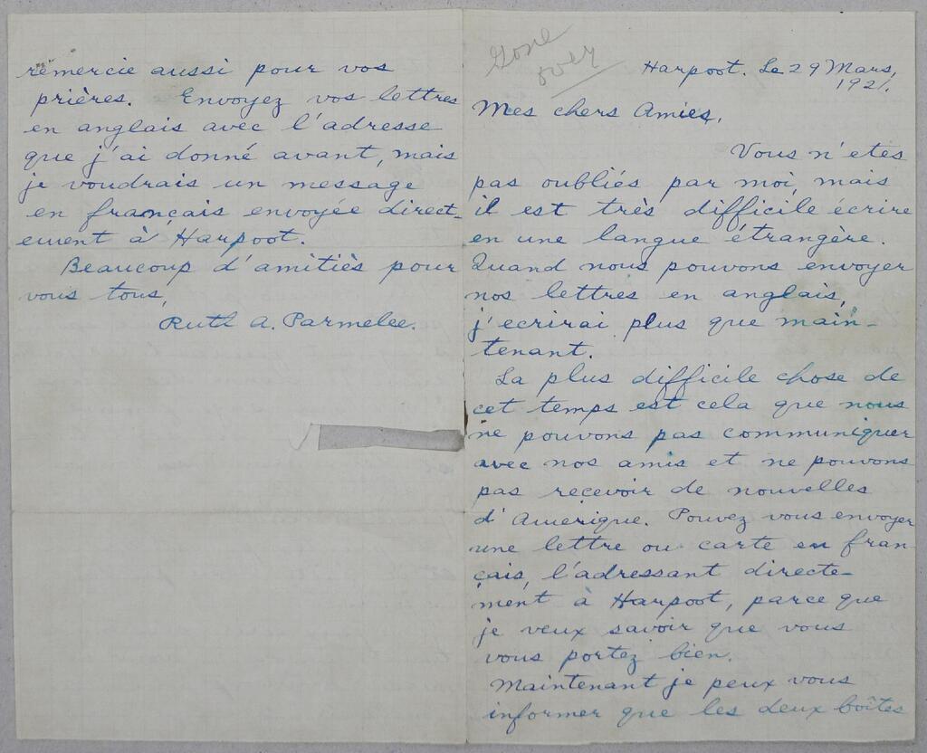 French letter from Harpoot, Mar 1921