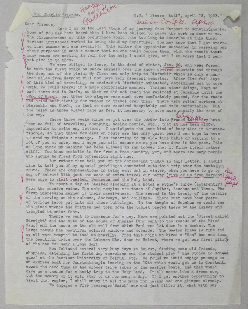 Ruth Parmelee, Expulsion from Harpoot, written aboard the S.S. Pierre Loti, April 1922
