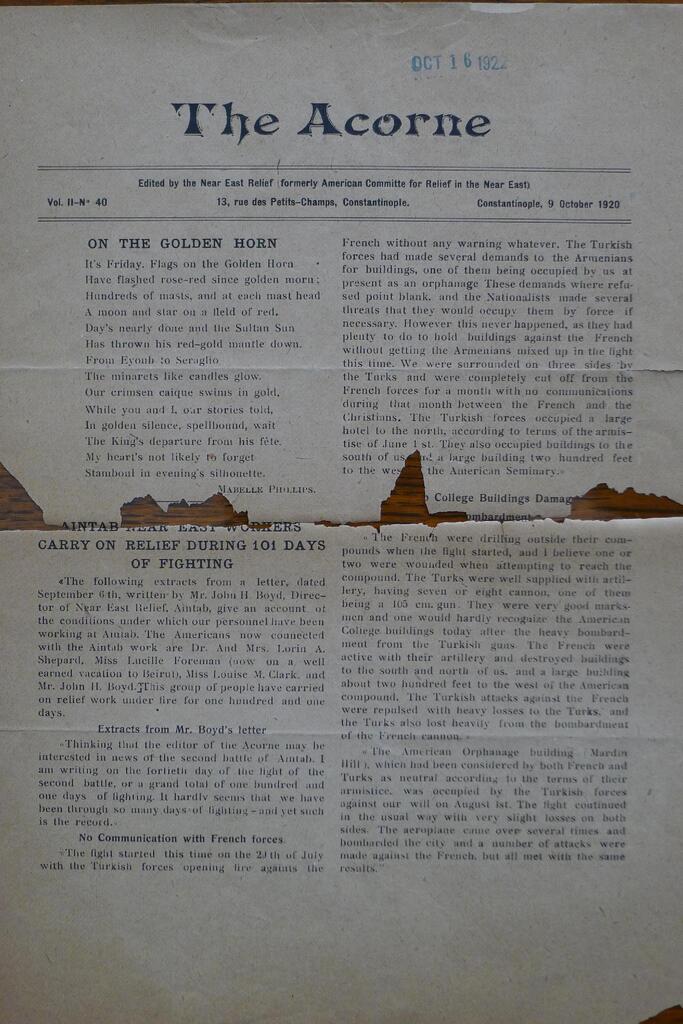 Aintab carries on through 101 days. Acorne, 9 Oct 1920.