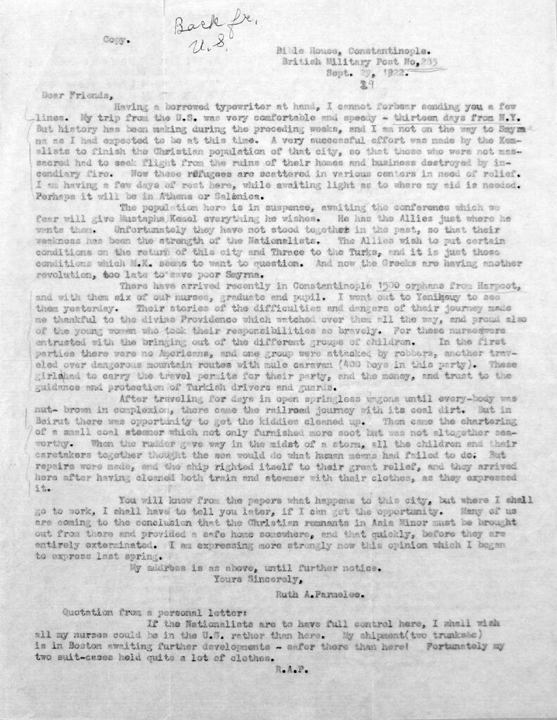 Ruth Parmelee, The burning of Smyrna and the Harpoot orphans, Constantinople, September 1922