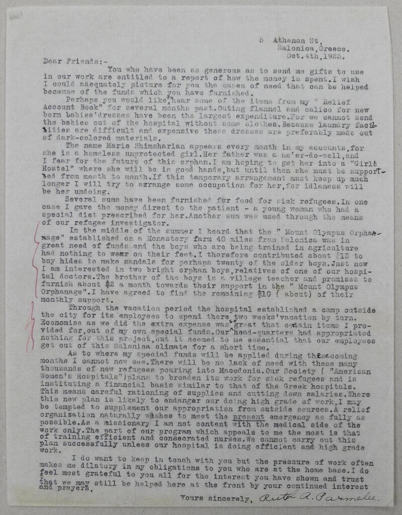 Donor report from the Relief Account Book, Salonica, Oct 1923