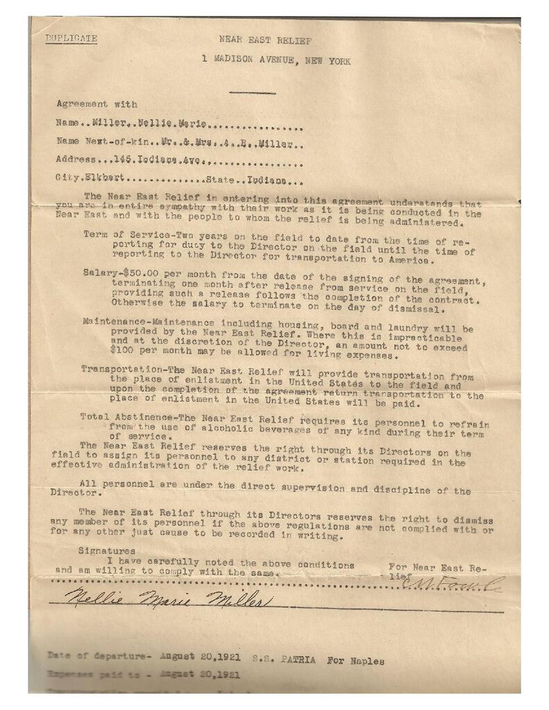 NER Employment Contract, Nellie Marie Miller, 1921