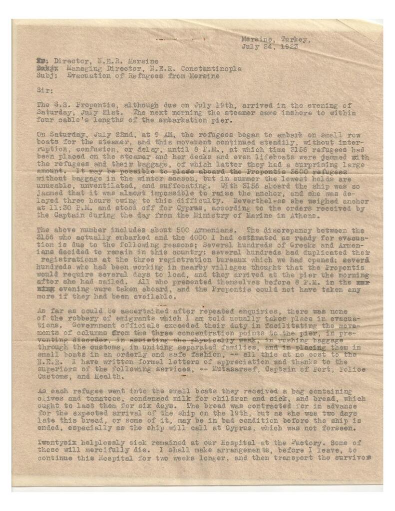 Correspondence regarding the Mersine evacuation, July 1923
