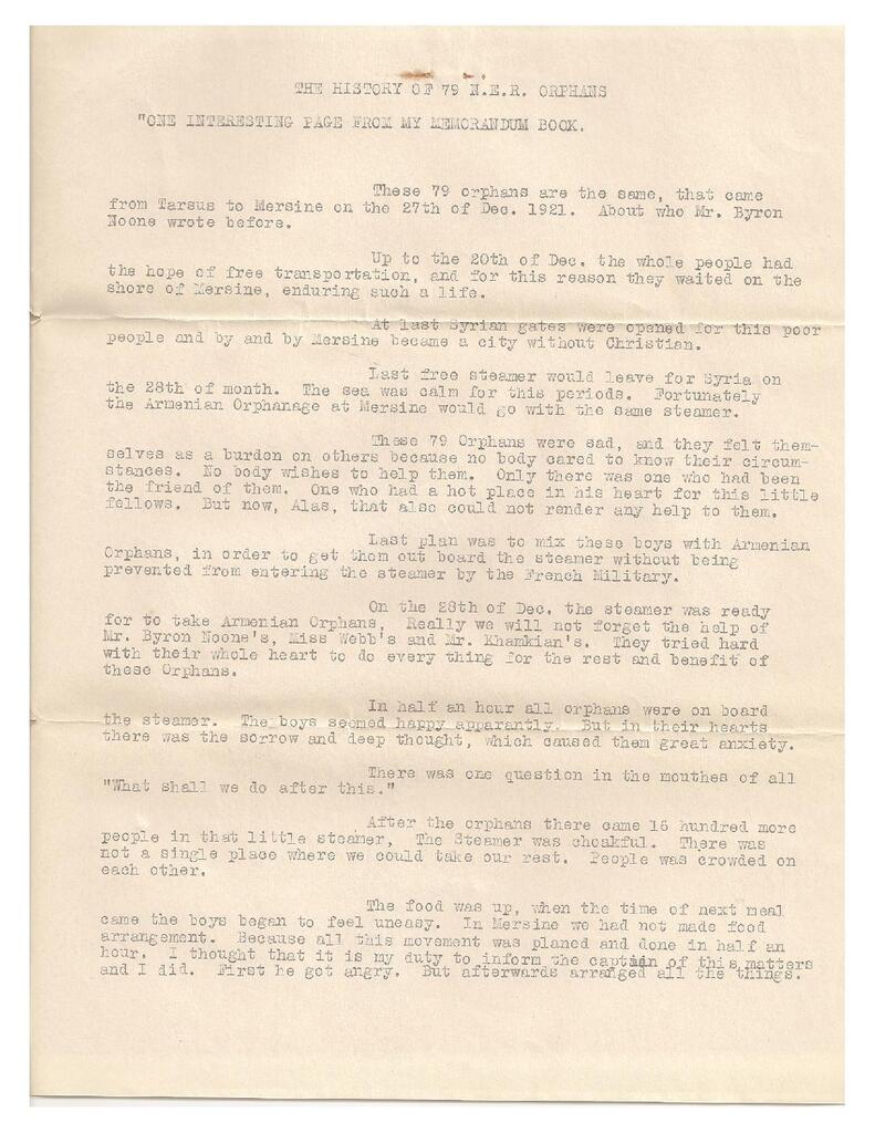 Hovhannes Kouyoumdjian, The History of 79 N.E.R. Orphans — 