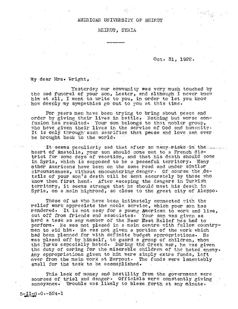 Condolence letter to Mrs. Lester Wright, 1922