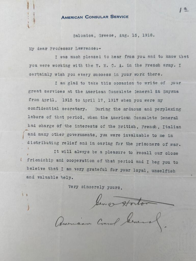 Horton testifies to Lawrence's service, Salonica, Aug 15, 1918
