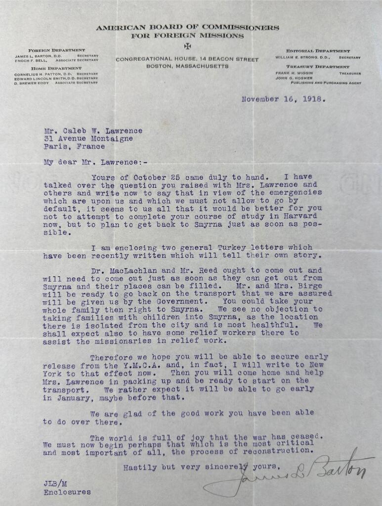 Barton recalls Lawrence to Smyrna, Boston, Nov 16, 1918