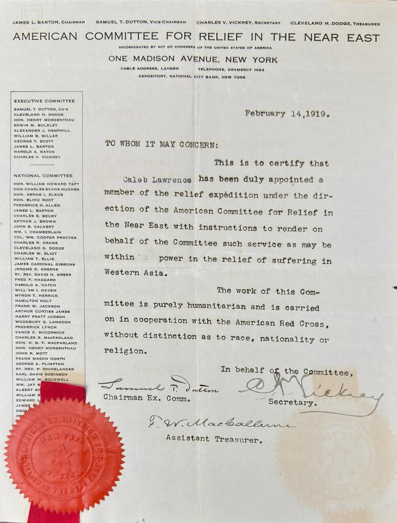 ACRNE commissions Caleb Lawrence, Feb 14, 1919