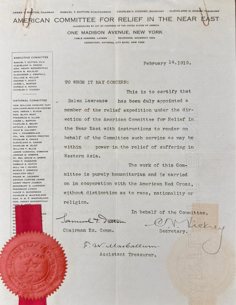 ACRNE commissions Helen Lawrence, Feb 14, 1919