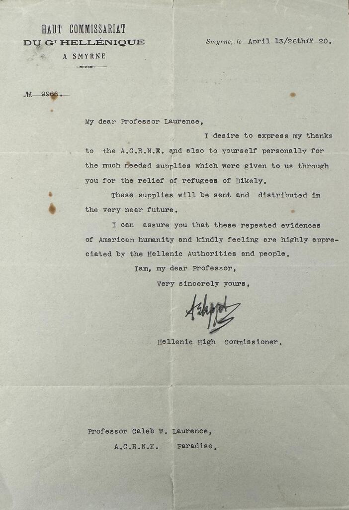Hellenic HC thanks ACRNE for Dikili relief, Apr 1920