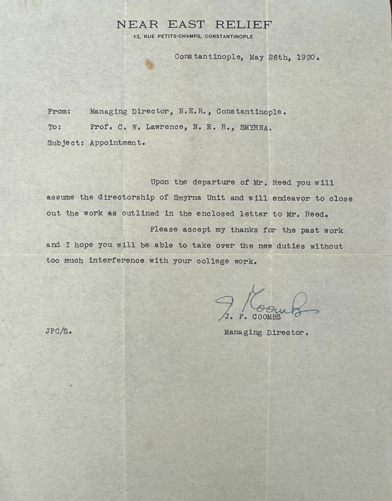 Coombs names Lawrence NER Smyrna director, May 26, 1920