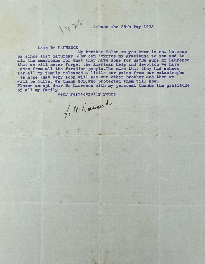 Lazardo family thanks Lawrence, Athens, May 28, 1923