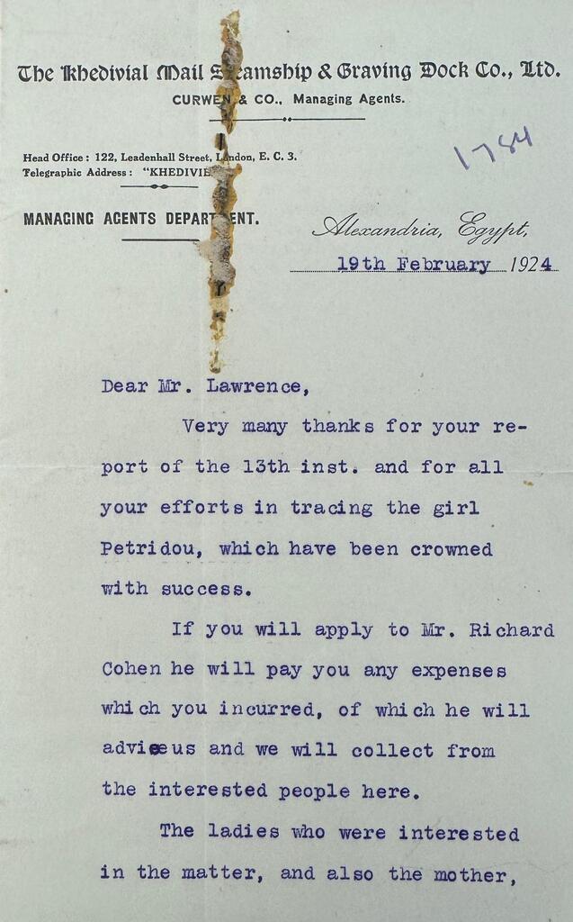 Curwen thanks Lawrence for Petridou rescue, Feb 19, 1924