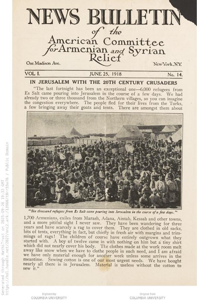 6,000 refugees reach Jerusalem in days. News Bulletin, Jun 1918.