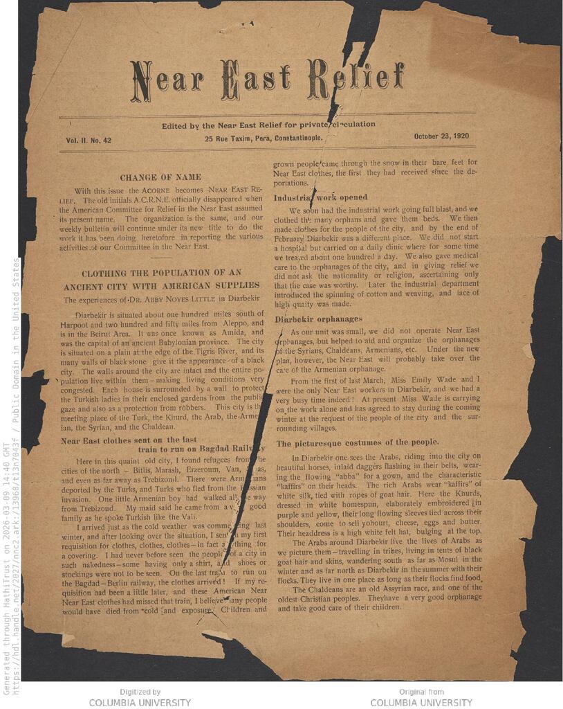 Near East Relief clothes Diarbekir. NER Weekly, 23 Oct 1920.