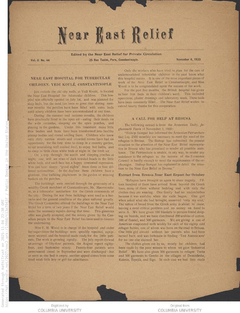 Batoum shelters 5,600 Greek refugees. NER Weekly, 6 Nov 1920.