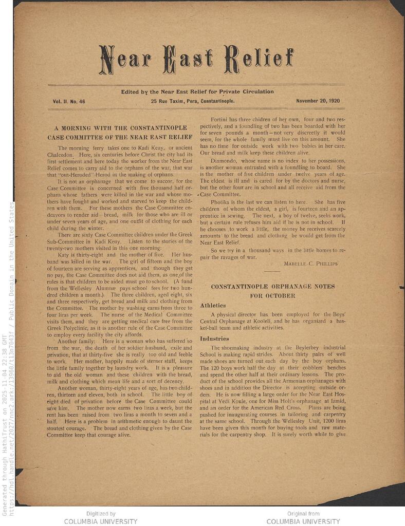 Five camps hold 3,000 Armenian refugees. NER Weekly, 20 Nov 1920.