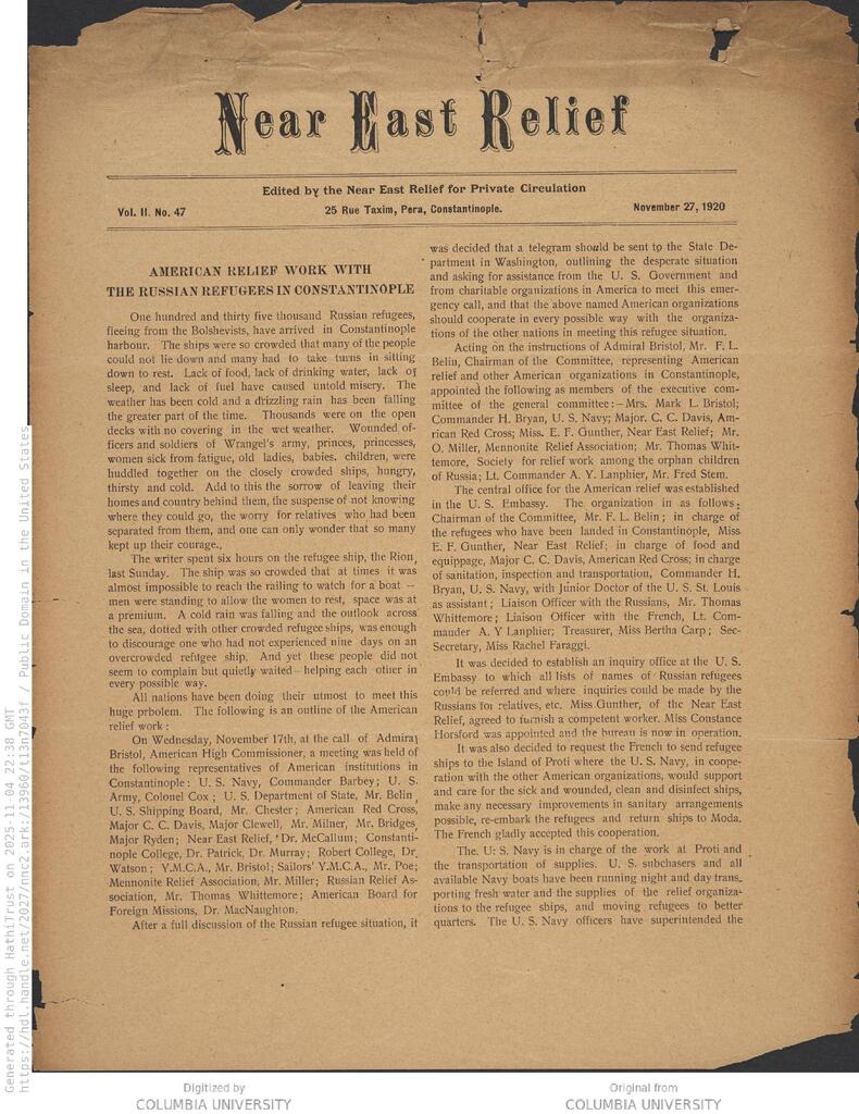 135,000 Russians crowd the harbor. NER Weekly, 27 Nov 1920.
