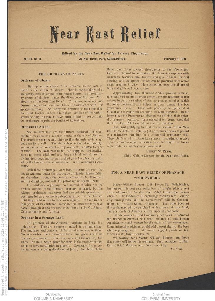 Jebail is planned for 1,000 orphans. NER Weekly, 4 Feb 1921.