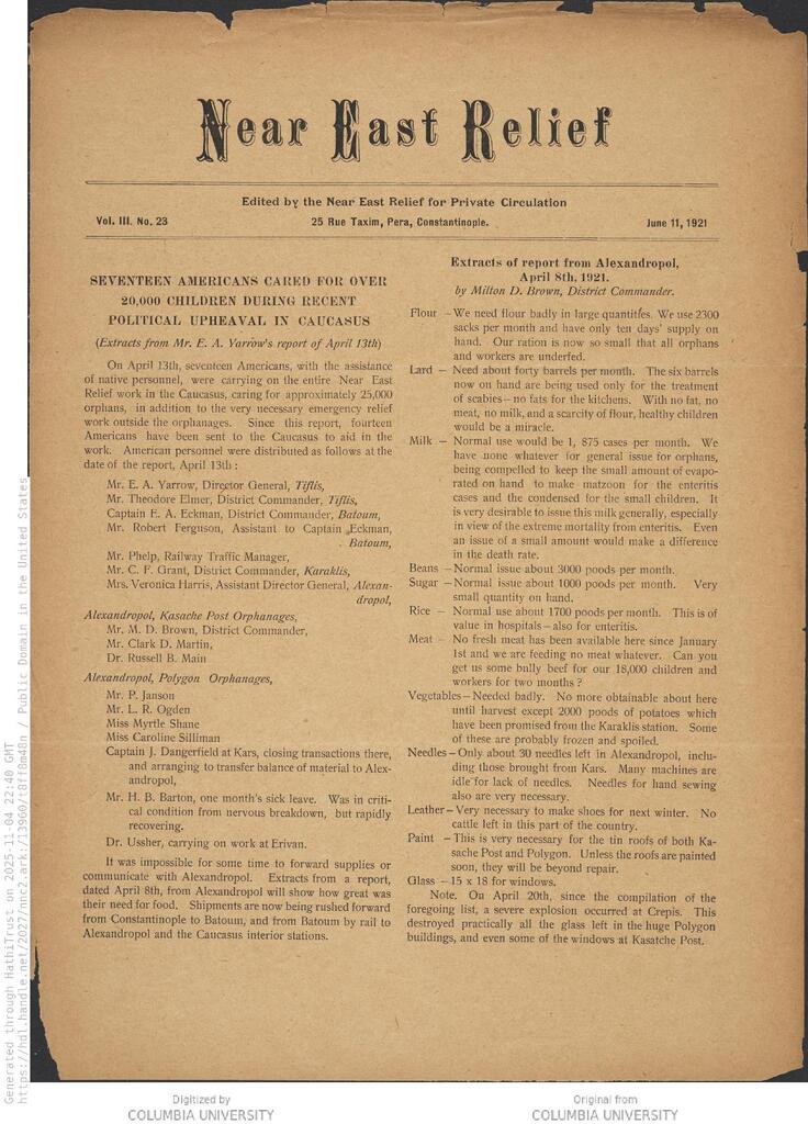 Alexandropol runs out of food for 18,000 children. NER Weekly, 11 Jun 1921.