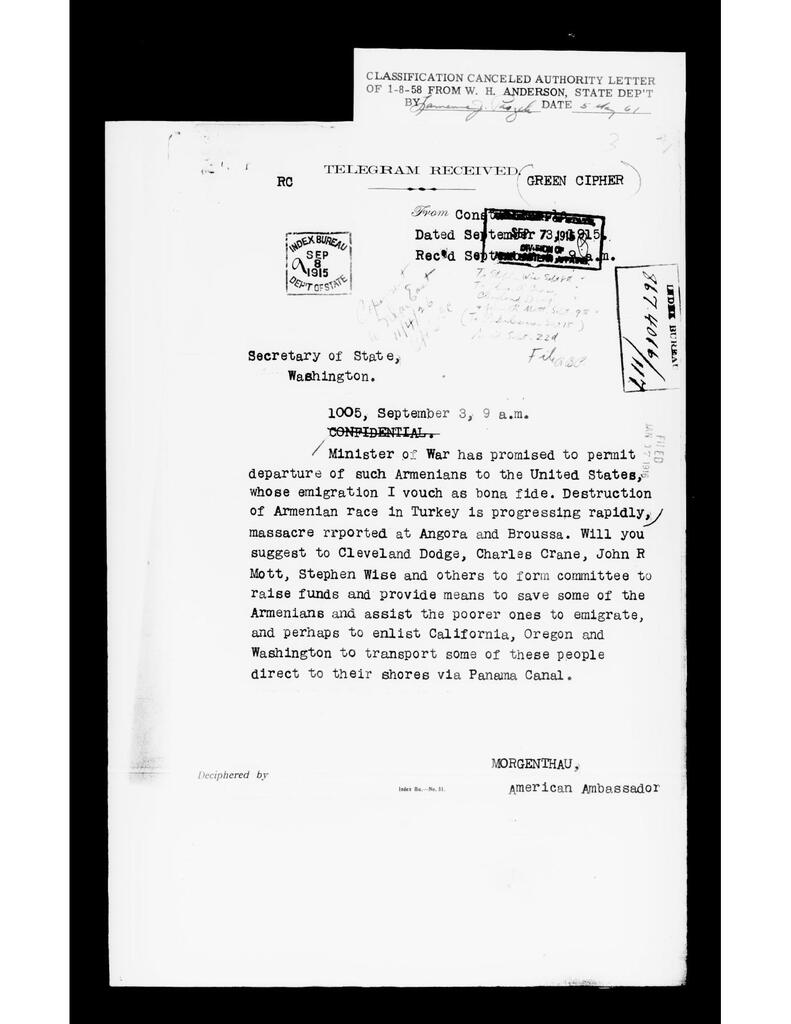 The appeal that founded Near East Relief, Sept. 3, 1915