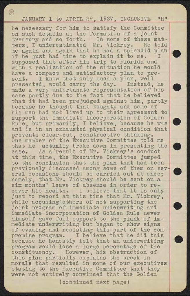 Barclay Acheson on the removal of General Secretary Charles Vickrey, 1927