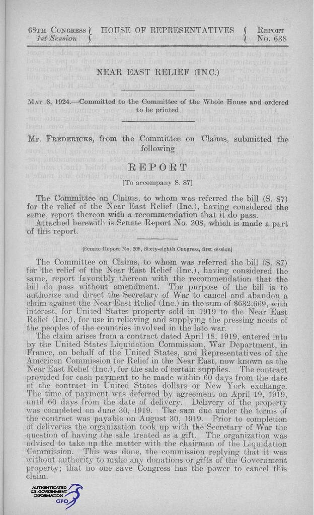 Congressional report and NER testimony on a wartime relief-supply debt, 1919–1924