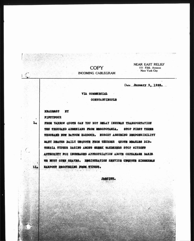H. C. Jaquith relays reports of the forced transport of Armenians from Mesopotamia and an epidemic among Greek refugees, Constantinople, 9 January 1922.