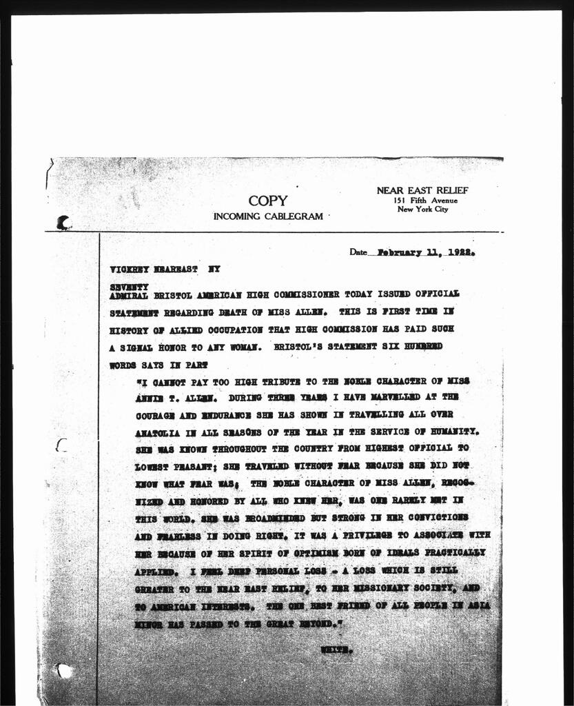 Admiral Bristol's official tribute on the death of relief worker Annie T. Allen, Constantinople, 11 February 1922.