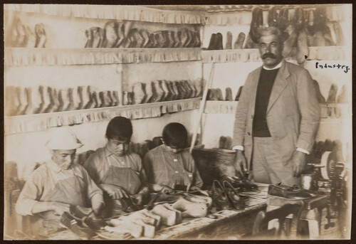 Boys learn shoemaking in the industrial shop. Miamia, 1922.